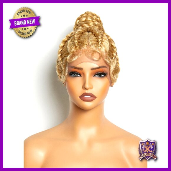 Blonde Braided Updo Wig Synthetic Lace Front High Ponytail Bun Protective Style